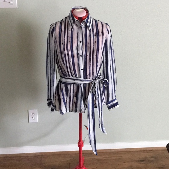 Escada Tops - Escada Navy and White Stripe Button Up
